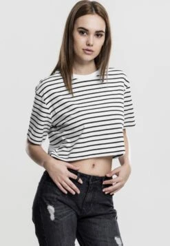 URBAN CLASSICS Ladies Short Striped Oversized Tee - T-Shirt Print - White/Black