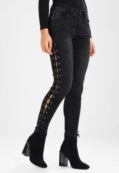 URBAN CLASSICS Lace Up Pants - Jeans Skinny Fit - Black Washed